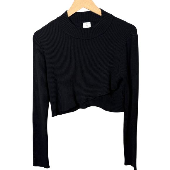 Joie Ribbed Knit Asymmetric Cropped Sweater Long Sleeve Crew Neck Black Medium - Picture 5 of 8